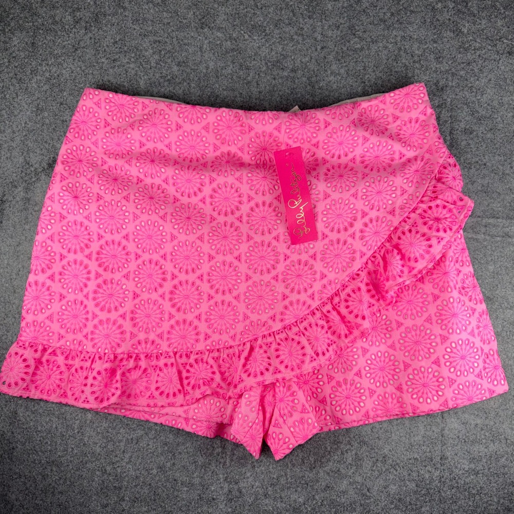 Lilly Pulitzer Faye Skort 16 Pink Neon Geo Eyelet Ruffle NEW